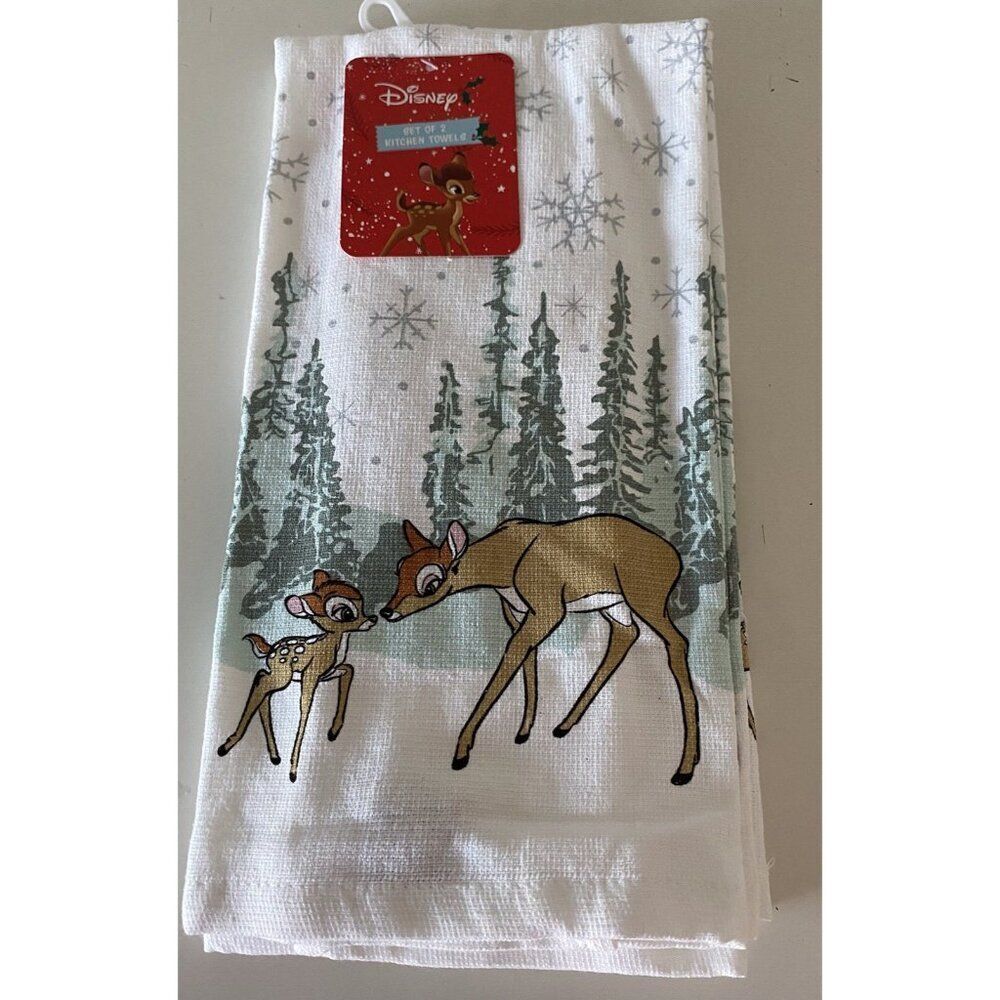 Set Of 2 Disney Kitchen Towels‎ Bambi and Mother Winter Pine Trees Holiday NEW